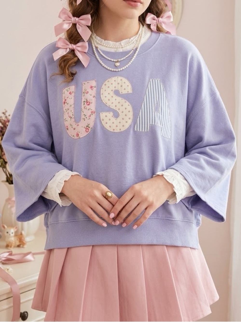 Oversized Bell Sleeve USA Sweatshirt in Blue